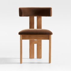 a wooden chair with a brown upholstered seat and backrest, viewed from the front