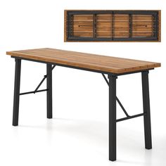 a wooden table with metal legs and a shelf above it, against a white background