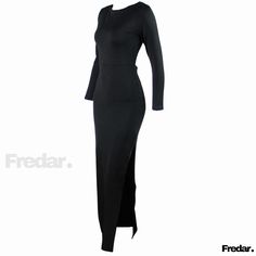 Fredar - Elegant Open Back and Asymmetric Long-Sleeve Floor-Length Dress Fall Evening Asymmetrical Maxi Dress, Spring Evening Asymmetrical Dress With Side Slits, Long Bodycon Evening Dress, Long Sleeve Bodycon Dress With Side Slits For Evening, Fall Asymmetrical Hem Maxi Dress For Night Out, Long Sleeve Stretch Asymmetrical Party Dress, Elegant Maxi Dress With Side Slits And Asymmetrical Hem, Asymmetrical Maxi Dress For Date Night, Long Midi Dress With Side Slits For Party