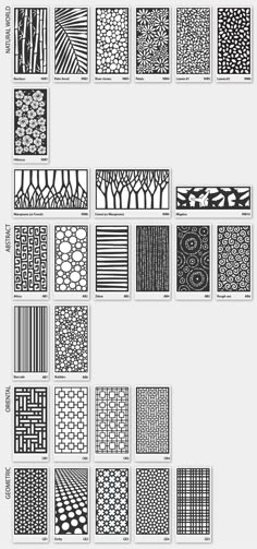 a bunch of different types of patterns on a white background with black and white lines