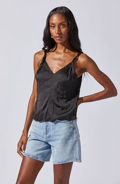 Plisse V-neck tank top Twisted strap detail All over pleating 100% Polyester Dry clean only Style #AT18335 Astr The Label, V Neck Tank Top, Designer Clothes For Men, Comfortable Dress, Toddler Girl Outfits, Textured Fabric, Women's Summer Fashion, V Neck Tops, Black Tank Tops