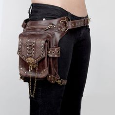 Color: light brownStyle: Punk/RockStyle: women's crossbody bagFabric texture: PULining texture: polyesterBag shapes: square vertical sectionLuggage trend style: flip bagOpening method: cover typePopular elements: locomotive Holster Purse, Hip Holster, Steampunk Mode, Punk Mode, Moda Steampunk, Steampunk Bag, Thigh Bag, Thigh Holster, Mode Steampunk