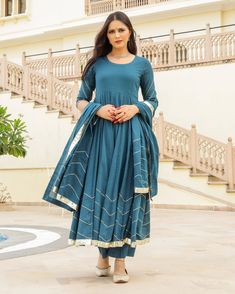 Dress Set Anarkali Style - Riddhi - www.riafashions.com Cotton Anarkali Dress With Self Design, Gota Work, Palazzo Suit, Cotton Dupatta, Anarkali Suit, Home Dress, Bottle Green, Pant Length, Dress Set