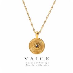 VAIGE Gold Stainless Steel Devil's Eye Pendant Necklace Discover the exquisite craftsmanship of the VAIGE Gold Stainless Steel Devil's Eye Pendant Necklace. This stunning accessory combines elegance and symbolism to elevate your style, making it a must-have addition to your jewelry collection. Key Features: Premium Material: Made from the finest gold stainless steel, ensuring durability and a luxurious finish. Unique Design: The pendant features a sleek round design, symbolizing protection and w Gold Medallion Necklace With Chain, Gold Clavicle Chain Necklace, Symbolic Gold Jewelry With Clavicle Chain, Elegant Gold Plated Medallion Necklace With Adjustable Chain, Gold Clavicle Chain Necklace With Round Pendant, Elegant Gold Medallion Necklace With Adjustable Chain, Elegant Gold Medallion Necklace With Chain, Gold Medallion Clavicle Chain Jewelry, Gold Medallion Necklace With Chain Detail