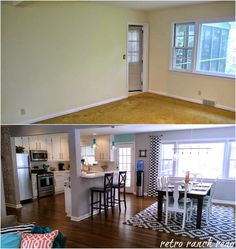 before and after pictures of a kitchen, dining room and living room in an open floor plan