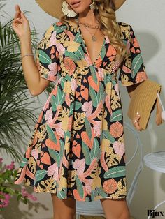 Bjux - Tropical Print V Neck Dress: Casual Summer Short Sleeve Dress for Womens Vacation attire V Neck Dress Casual, Vacation Attire, Summer Care, Loose Fabric, Casual Summer Shorts, Clean Style, Short Sleeve Dress, Tropical Print, V Neck Dress