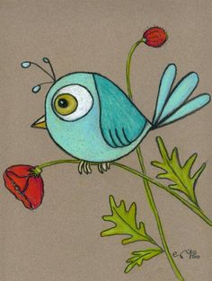 a drawing of a blue bird sitting on top of a leafy branch with a flower