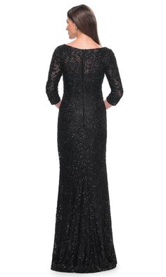 Dazzle like you have never done before in this La Femme 31721 creation. The gown is carefully crafted to enhance the feminine silhouette, showcasing a fitted stretch beaded lace with tailoring details on a fitted silhouette. Adorned with drape details and rhinestone details, the evening gown features flattering side ruching, complemented by a v-neckline and quarter sleeves. The back reveals a full design with a concealed zipper closure, while the sheath skirt gracefully flows into a floor-length Tailoring Details, Lace Evening Dresses, Dress 16, Quarter Sleeve, Navy Color, Beaded Lace, Lace Detail, Floor Length, Evening Gowns