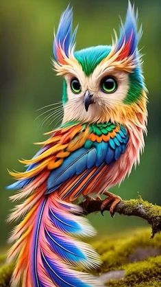 a colorful bird sitting on top of a tree branch with green eyes and feathers all over it's body