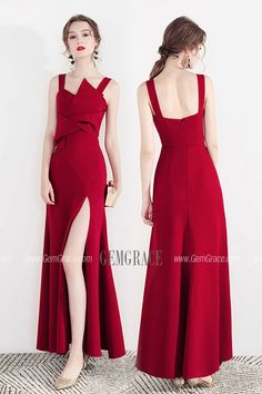 Red Maxi Length Dress With Split Design, Red Maxi Dress With Split Design, Party Dress With Spaghetti Straps And Split Design, Spaghetti Strap Party Dress With Split Design, Sleeveless Evening Dress With Split Design For Prom, Party Maxi Dress With Spaghetti Straps And Split Design, Red Party Dress With Split Design, Red Split Dress For Prom, Red Split Dress For Formal Occasions