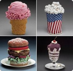 four different cupcakes and ice cream cones made from knitted material, each decorated with an american flag