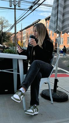 Outfit of the day for my morning coffee shop run  Morning routine | coffee shop aesthetic | morning coffee aesthetic | winter outfit inspo | coffee shop outfit | outfit inspo | winter style | olive green dunks | Nike dunk low outfit | faux fur jacket | winter fashion | coffee run | aesthetic coffee shop | coffee shop Instagram poses   Follow my IG / briannafornes for outfit and styling inspo! Olive Nike Dunks Outfit, Nike Dunk Olive Green Outfit, Nike Dunk Low Outfit Woman Casual, Dunks Winter Outfit, Olive Green Dunks Outfit, Olive Green Shoes Outfit, Green Nike Dunks Outfit, Olive Green Dunks, Green Dunks Outfit