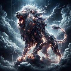 a lion is surrounded by lightning and clouds