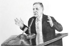 a drawing of a man sitting at a desk with a microphone in front of him