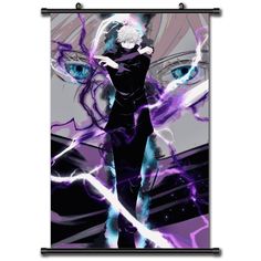 an anime character with purple hair and blue eyes is standing in front of a lightning background