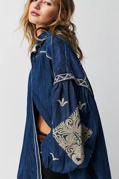 Myna Denim Tunic | Free People Denim Tunic, Exaggerated Sleeves, Embroidered Clothes, Boho Clothing, Small Bust, Boho Outfits, Vintage Inspired, Top Shirt, Tunic Tops