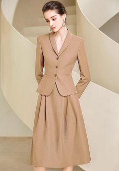 Full Midi Skirt and Jacket Skirt Suit Jacket Dresses For Women With Heels, Luxury Wool Skirt Suit, Long Suit Jacket Dress, Luxury Spring Jacket Dress For Business, Chic Luxury Jacket Dress For Work, Luxury Skirt Suit With Buttons, Office Wear Women Skirt And Blouse, Luxury Workwear Skirt For Spring, Luxury Green Skirt Suit For Spring