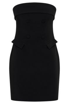 Classic, redefined.The ABBIE Strapless Suiting Mini Dress is a chic and sophisticated piece designed to make a statement. Featuring a straight neckline and strapless design, this dress exudes elegance and modernity. The double-breasted button design adds a touch of classic tailoring, while the centre back invisible zip ensures a seamless fit. Although the pockets are non-functional, they contribute to the dress's stylish aesthetic. Fully lined for comfort, the bodycon fit with a relaxed hem and Chic Structured Mini Dress For Formal Occasions, Dressy Mini Dress With Straight Neckline, Modern Sleeveless Mini Dress For Formal Occasions, Chic Sleeveless Dress With Straight Neckline For Party, Chic Structured Sleeveless Evening Dress, Mini Dress With Straight Neckline For Work, Workwear Mini Dress With Straight Neckline, Chic Sheath Mini Dress For Formal Occasions, Elegant Bodycon Strapless Sleeveless Dress