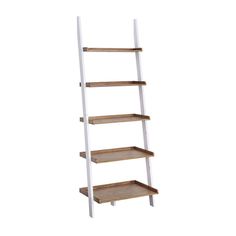 a white ladder shelf with three shelves on each side and two wooden shelves at the bottom