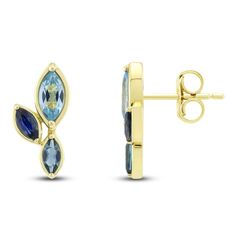 Shimmer in shades of blue with these mesmerizing gemstone stud earrings. 14K yellow gold Each earring features three marquise-cut natural gemstones: Swiss blue topaz, London blue topaz and blue sapphire Friction backs Jewelry Style Guide, Blue Sapphire Studs, Sapphire Stud Earrings, Diamond Fashion Jewelry, Blue Topaz Jewelry, Sapphire Earrings Studs, Jared The Galleria Of Jewelry, Sapphire Studs, Topaz Jewelry