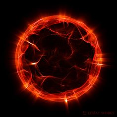 an orange circular object with bright lights in the center on a black background that appears to be made up of circles and lines