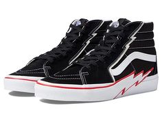 Vans Sk8-Hi Bolt - Shoes : Black/Racing Red : Level up your street style by wearing the cool and casual Vans Sk8-Hi Bolt Shoes. Leather and textile upper. Textile lining and insole. Classic lace-up closure. Thunderbolt detailing along with the eyelets and bumper. Reinforced toe caps. Supportive padded collars. Signature rubber waffle outsole with high traction and durability. Imported. Measurements: Weight: 1 lb 2 oz. Shaft: 4 ½ in. Measurements: Weight: 1 lb 2 oz Shaft: 4 1 2 in Product measure Vans Urban Sneakers With Laces, Urban Vans Sneakers With Laces, Urban Vans Sneakers, Lace-up Canvas Shoes With Contrast Sole For Skateboarding, Vans Lace-up Canvas Shoes, Urban Vans Lace-up Sneakers, Urban Lace-up Canvas Shoes For Streetwear, Vans Urban High-top Sneakers With Contrast Sole, Urban Vans High-top Sneakers With Contrast Sole