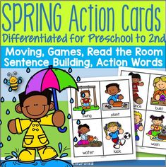 the spring action cards for preschool to learn how to read and practice their words with pictures