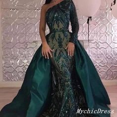 One Shoulder Prom Dress, Detachable Skirt, Color Dresses, Bold Dresses, Long Sleeve Evening Gowns, Detachable Train, Elegant Prom Dresses, Sequin Evening Dresses, Long Sleeve Evening Dresses