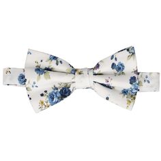 We love the simplicity of this blue and white floral bow tie. You can wear this bow tie casually, but the flower colors are just perfect for your wedding day. The bow tie is pre-tied, so you don't need to worry if your groomsmen can't tie a bow tie. It's made from 100% cotton for a non-shiny look. Make this bow tie a set with the matching pocket square, available for purchase. Product Features Pre-tied band collar bow tie Men's size Bow measures approximately 4.5" across and 2.25" high on the en Blue Bow With Bow Tie Back For Wedding, Blue Bow Tie For Wedding, Blue Bow Tie With Bow Tie Back For Weddings, Blue Wedding Bow Tie With Bow Tie Back, Blue Bow Tie With Bow Tie Back For Groom, Summer Wedding Bow Tie For Groom, Adjustable Summer Bow Tie For Groom, Adjustable Bow Tie For Groom, Summer, Adjustable Summer Bow Tie For Grooms