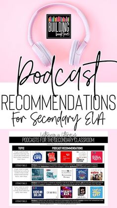 a poster with headphones on it that says podcast recommendnations for secondary students