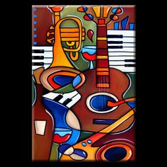 a painting of a guitar and other musical instruments