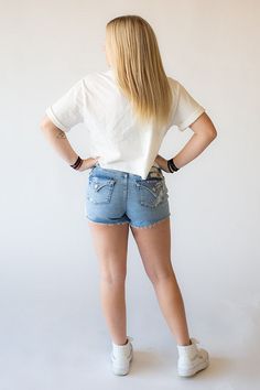 These high rise denim shorts are adorable and just in time for summer! They are uniquely bleached and splattered– every one is slightly different from the next. Pair with our Short Sleeve Crop Top. 93% cotton, 6% elasterell, 1% elastaneCare instructions: machine wash cold, tumble dry low Light Wash Cotton Jean Shorts With Frayed Hem, Summer Cotton Cutoff Jean Shorts, Summer Relaxed Fit Cutoff Jean Shorts, Cotton Cutoff Jean Shorts For Summer, Faded Cotton Ripped Jean Shorts, Faded Ripped Cotton Jean Shorts, Light Wash Short Tops For Summer, Medium Wash Cotton Cutoff Jean Shorts, Distressed Cotton Mid-rise Jean Shorts