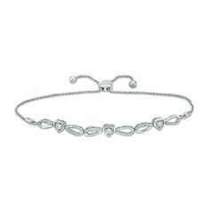 Reflecting your everlasting love, this bolo bracelet takes any look up a notch. Fashioned in sleek sterling silver, this shimmering choice showcases a trio of diamond-accented heart outlines centered within diamond-accented infinity symbol-shaped open loops. Buffed to a brilliant luster, this wheat chain bracelet adjusts up to 10.25 inches in length and secures with a bolo clasp and ball ends. White Gold Heart Bracelet For Anniversary, Adjustable Diamond Heart Bracelet For Valentine's Day, Adjustable Diamond Jewelry For Valentine's Day, Valentine's Day Adjustable Diamond Heart Bracelet, Valentine's Day Adjustable Diamond Jewelry, Adjustable White Gold Heart Bracelet For Mother's Day, Adjustable Diamond Accent Bracelet For Anniversary, Adjustable Diamond Accented Bracelet For Anniversary, White Gold Heart Bracelet With Adjustable Chain