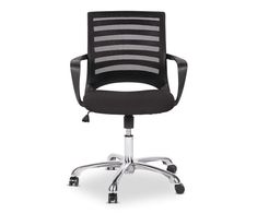 an office chair with black fabric and chrome base, viewed from the front on a white background