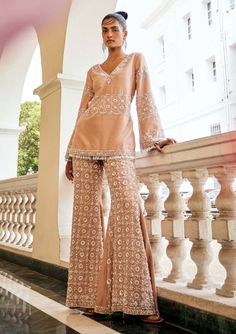 Mani Bhatia-Miel Rosegold Top And Palazzo Pants-INDIASPOPUP.COM Festive Chic Designer Palazzo Set, Summer Party Embroidered Pant Set, Diwali Palazzo Set With Pearl Embroidery, Pearl Embroidery Sharara For Diwali, Wide Leg Palazzo Set For Wedding, Festive Straight Palazzo Set, Eid Straight Pants Palazzo Set, Designer Wear Palazzo Set For Eid, Bollywood Style Pearl Embroidery Palazzo Set