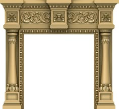 an ornate gold fireplace surround with columns and flowers on the top, isolated against a white background