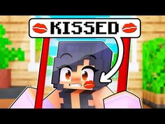 an animated image of a woman holding a sign that says kissed on her face