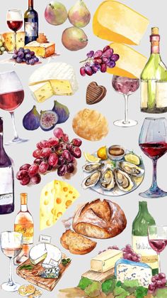 a watercolor painting of different types of food and wine