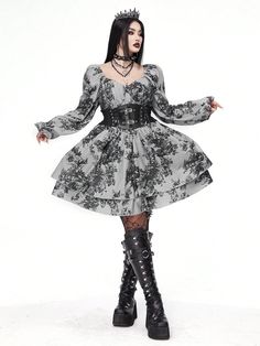 Gothic Punk Corduroy Printed Warm And Elegant Vintage Dress Goth Women Outfit Grey Boho  Long Sleeve Woven Fabric Floral,All Over Print A Line Slight Stretch  Women Plus Clothing, size features are:Bust: ,Length: ,Sleeve Length: Goth Outfits Plus Size, Elegant Vintage Dresses, Grey Boho, Outfit Grey, Goth Clothes, Goth Women, Vintage Goth, Goth Dress