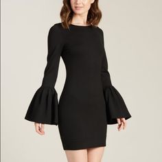 Bell Sleeves Lend Retro Glamour To This Polished Dress Cast In A Solid, Versatile Hue. Size S: 34'' Long From High Point Of Shoulder To Hem Self: 65% Rayon / 30% Nylon / 5% Spandex Lining: 100% Polyester Chic Stretch Mini Dress For Work, Fall Long Sleeve Bodycon Dress, Fitted Bodycon Dress For Fall Evening, Flattering Fitted Mini Dress For Evening, Formal Mini Length Bodycon Dress For Fall, Glamorous Spring Dresses For Workwear, Glamorous Spring Workwear Dresses, Formal Fall Mini Bodycon Dress, Fall Formal Mini Bodycon Dress