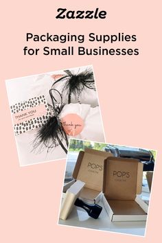 the packaging supplies for small businesses are shown in three different pictures, including boxes with black feathers