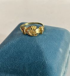 "This beautiful & unique Gimmel ring is very substantial. Beautiful details along the cuffs and the outside of the ring. Detailed cuffs have an orange blossom/ forget-me-not floral design symbolic and often used in vintage/antique wedding jewelry. Hands are nicely carved both upper and lower. Band is sleek . History tells us that the two rings were often parted and one was given to each of the betrothed until they were reunited at marriage. It is not uncommon to find a gimmel ring either par Victorian 14k Gold Diamond Cut Rings, Antique Yellow Gold Ring Jewelry, Antique Yellow Gold Ring, Antique Yellow Gold Diamond Cut Ring, Victorian 14k Stamped Ring, Hallmarked Yellow Gold Engraved Collectible Ring, 14k Gold Victorian Ring With 17 Jewels, Victorian Jewelry In 14k Gold With Hallmark, Victorian 14k Gold Ring With 17 Jewels