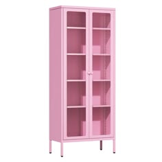 a pink bookcase with shelves on the front and bottom, against a white background