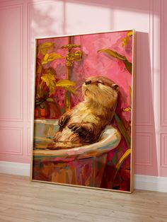 a painting of a beaver taking a bath in a tub with pink walls and wooden floors