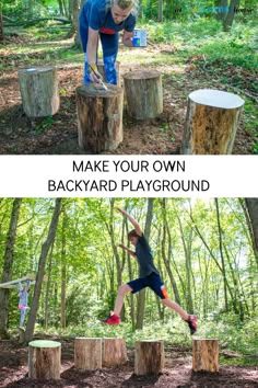 two pictures with the words make your own backyard playground in different colors and sizes, including trees