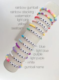 one colorful beaded name bracelet bracelets are made on a durable stretch elastic cord please refer to our sizing guide before purchasing Cheap Rainbow Bracelets For Birthday, Seed Bead Name Bracelet, Trendy Colorful Stretch Bracelet With Round Beads, Trendy Beaded Bracelets For Birthdays, Trendy Beaded Bracelet For Birthday, Adjustable Name Bracelet With Colorful Beads, Colorful Adjustable Letter Beads Jewelry, Multicolor 8mm Beads Name Bracelet For Friendship, Colorful Adjustable Beaded Bracelets With Letter Beads