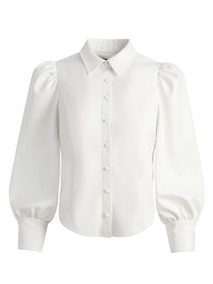 This gorgeous vegan leather puff sleeve blouse with a collar, long sleeves and button front closure will ensure you'll never have outfit regret. alice + olivia Nadine Vegan Leather Button Down Chic Button-up Puff Sleeve Top For Fall, Elegant Puff Sleeve Button-up Top, Office Blouse With Collared Blouson Sleeves, Evening Blouse With Button Cuffs And Collar, Chic Collared Blouse With Covered Buttons, Fall Bishop Sleeve Blouse With Button Closure, Chic Blouse With Balloon Sleeves And Button Closure, Fall Lantern Sleeve Blouse With Button Closure, Chic Bishop Sleeve Blouse With Button Closure