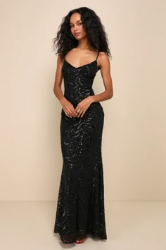 Captivate the crowd with the way you move in the Lulus Mesmerizing Demeanor Black Sequin Backless Mermaid Maxi Dress! Sparkling black sequins create an intricate, wavy design across stretchy mesh knit as it falls from adjustable spaghetti straps into a flattering V-neckline and a fitted bodice. The figure-skimming silhouette continues into a mermaid maxi skirt that features an elegant train at back. The deep V-back creates a sultry final finish! Hidden back zipper/clasp. Mermaid Maxi Skirt, Black Sparkly Dress, Mermaid Maxi Dress, Prom Dress Inspo, Wavy Design, Prom Inspo, Black Prom Dress, Prom Dress Inspiration, Cute Prom Dresses