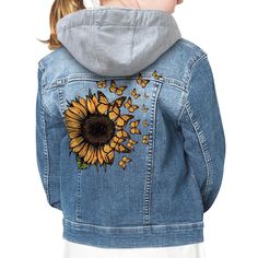 Spring Hooded Denim Jacket With Pockets, Hooded Denim Blue Jacket For Spring, Hooded Denim Jacket For Spring, Hooded Denim Jacket With Pockets For Spring, Light Wash Cotton Hooded Outerwear, Casual Cotton Denim Jacket With Floral Print, Light Wash Hooded Cotton Outerwear, Casual Floral Print Denim Jacket For Fall, Yellow Cotton Denim Jacket For Fall