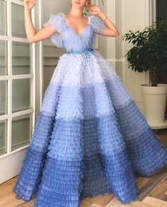 Details - Shades of blue colors - Designed tulle fabric  - Embroidered crystal drops details - A-line dress with puffy sleeves  - For special occasions Indian Gowns Dresses, Indian Gowns, Dream Dresses, Marie Antoinette, Tulle Dress, Ball Dresses, Long Dresses, Fancy Dresses, Dream Dress